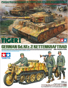 Tamiya 25401+35377 1/35 Tiger I "Late Production" w/Ace Commander & Crew Set + Tamiya 35377 1/35 Sd.Kfz.2 Kettenkraftrad (Mid Production)